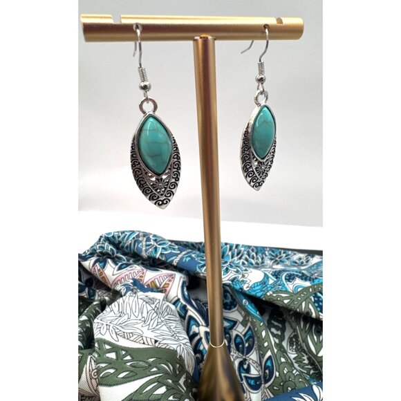 2/$24 Silver-Tone Dangle Earrings Turquoise Stone & Intricate Filigree Design - Picture 4 of 5